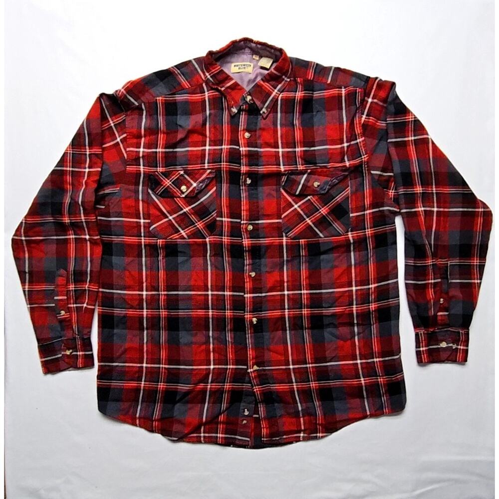 Vintage Red Black Plaid Flannel Northwest Blue Large Tall Button Up Shirt 90s